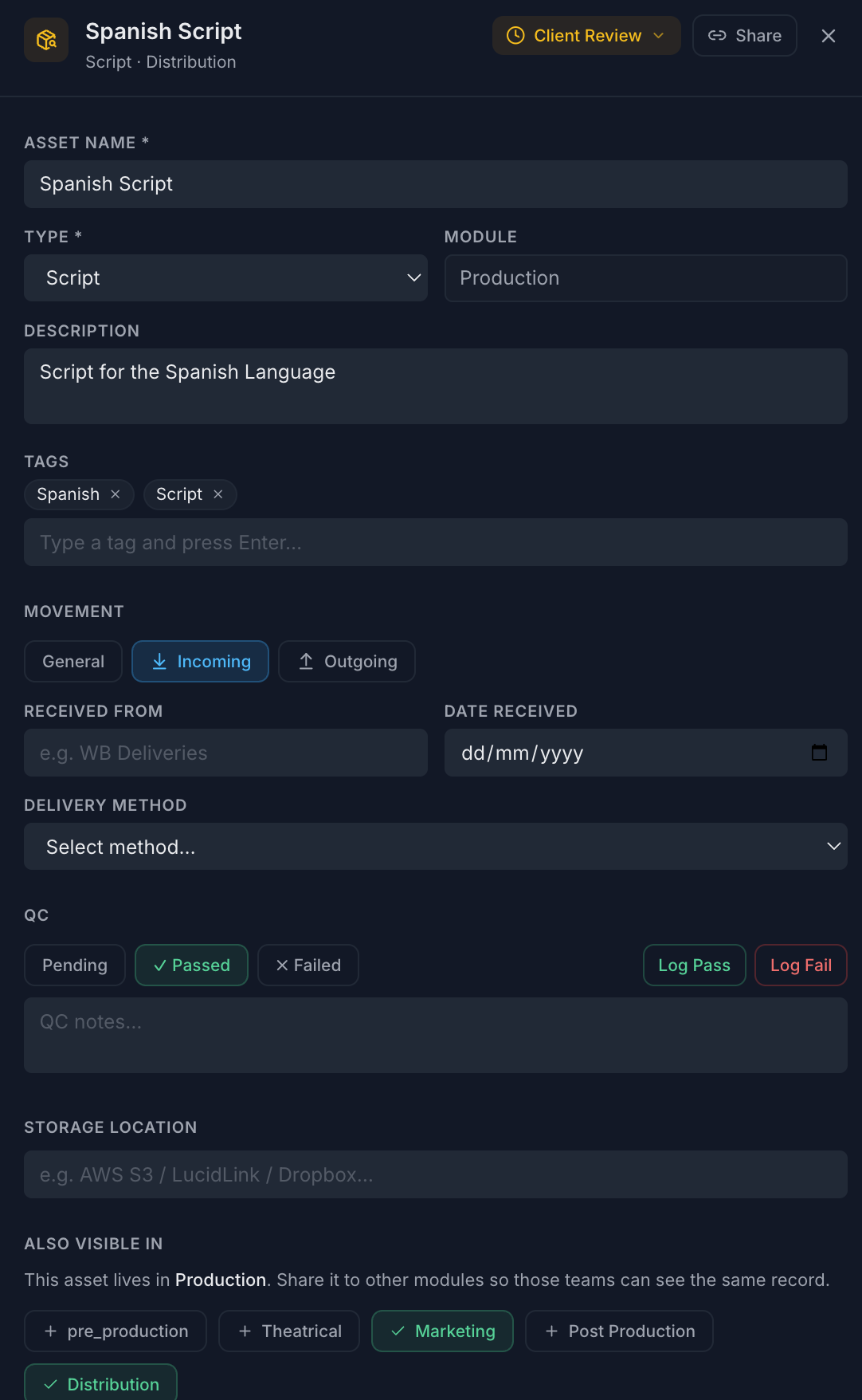 Routine asset detail drawer showing delivery method, approval status, QC log, file attachments, tags, and activity history