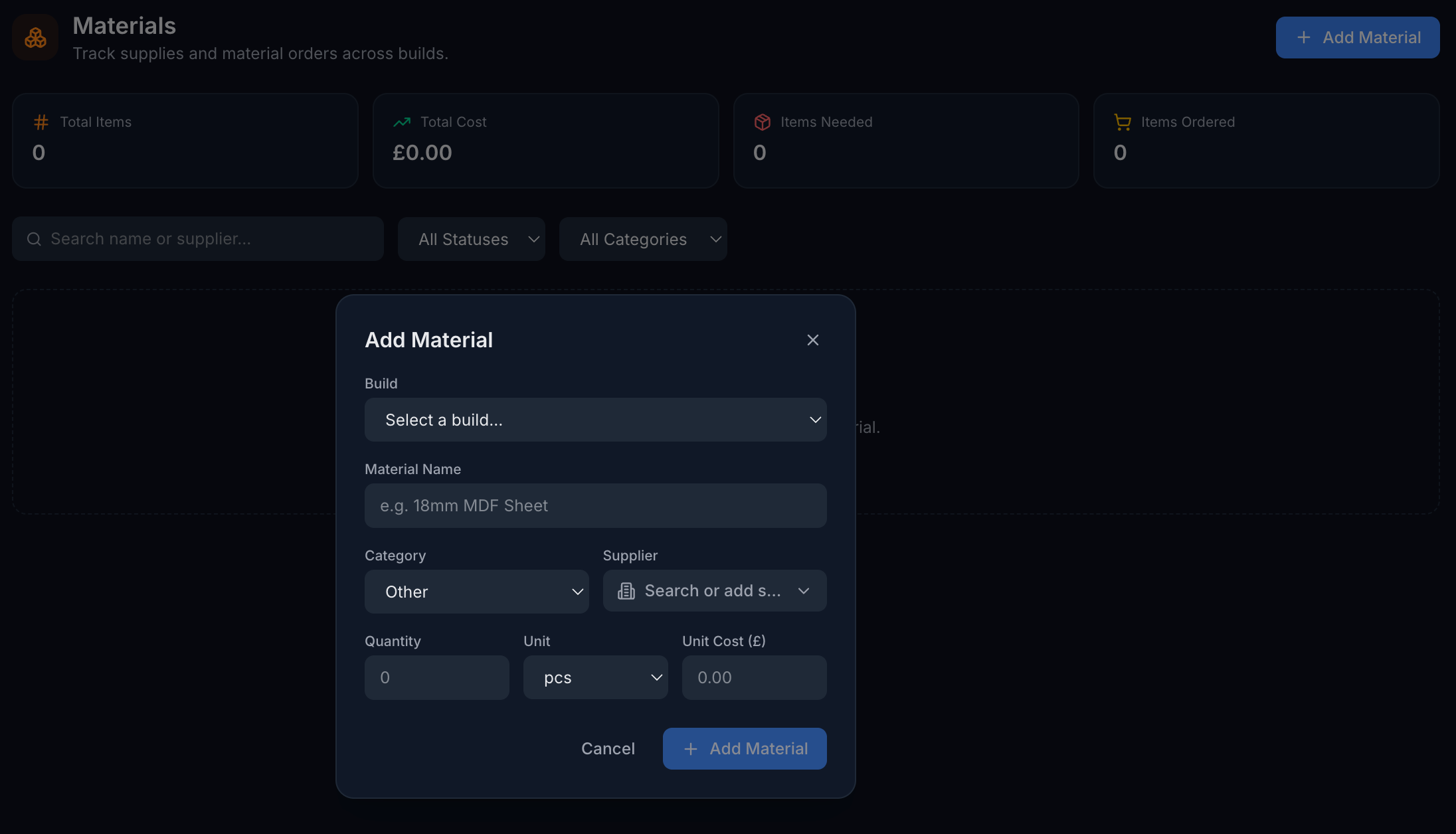 Routine construction materials page showing stats cards and the add material modal with supplier picker