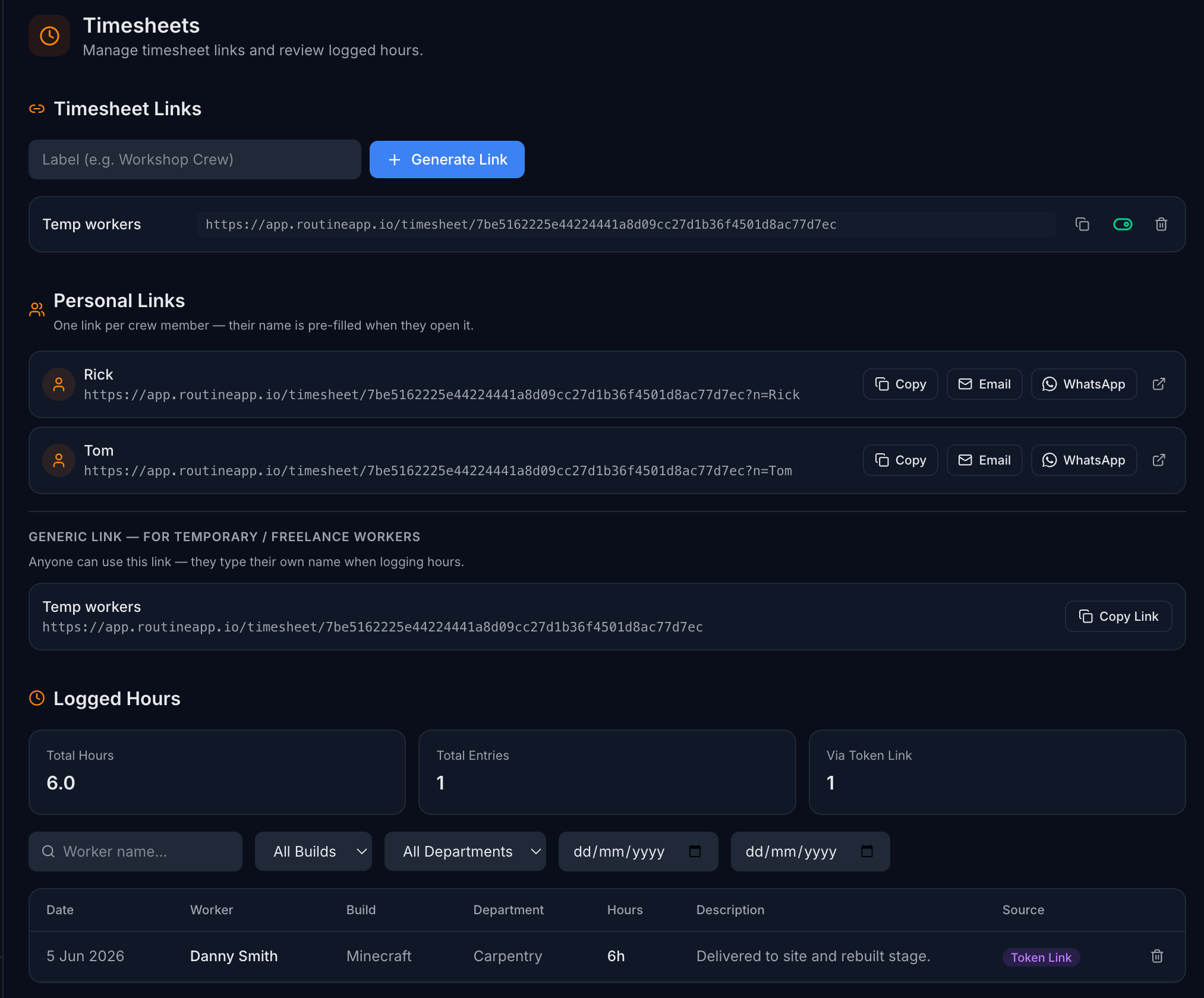 Routine construction timesheets with shareable crew links and logged hours