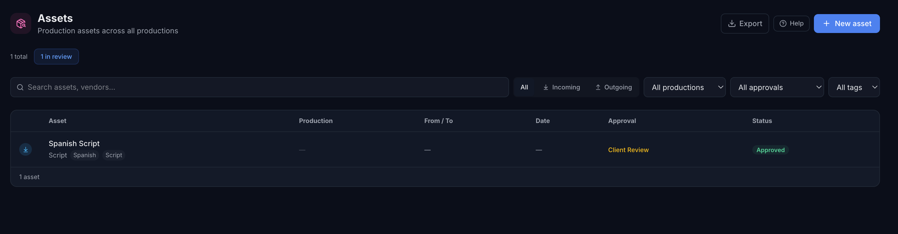 Routine production asset management showing the cross-production asset table with status, approval, and QC tracking