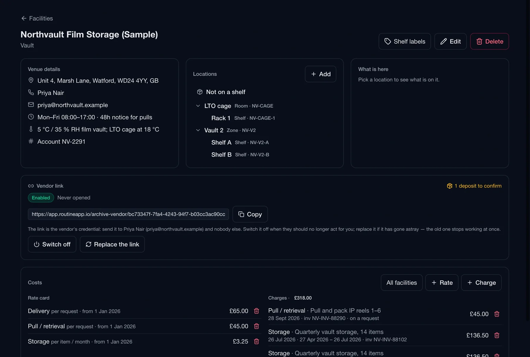 Routine archive facility page showing venue details, a nested shelf tree, the vendor link controls, and a rate card with charges