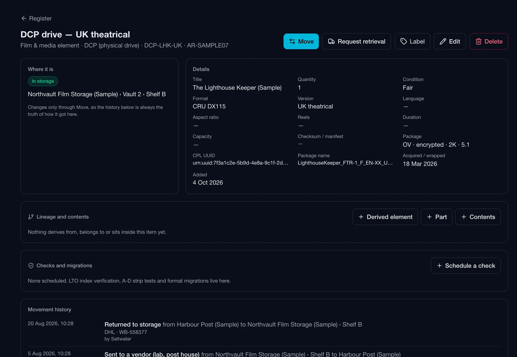 Routine archive item page for a DCP drive showing its facility and shelf, CPL UUID, package name, OV encrypted 2K details, lineage and contents, checks and the movement history