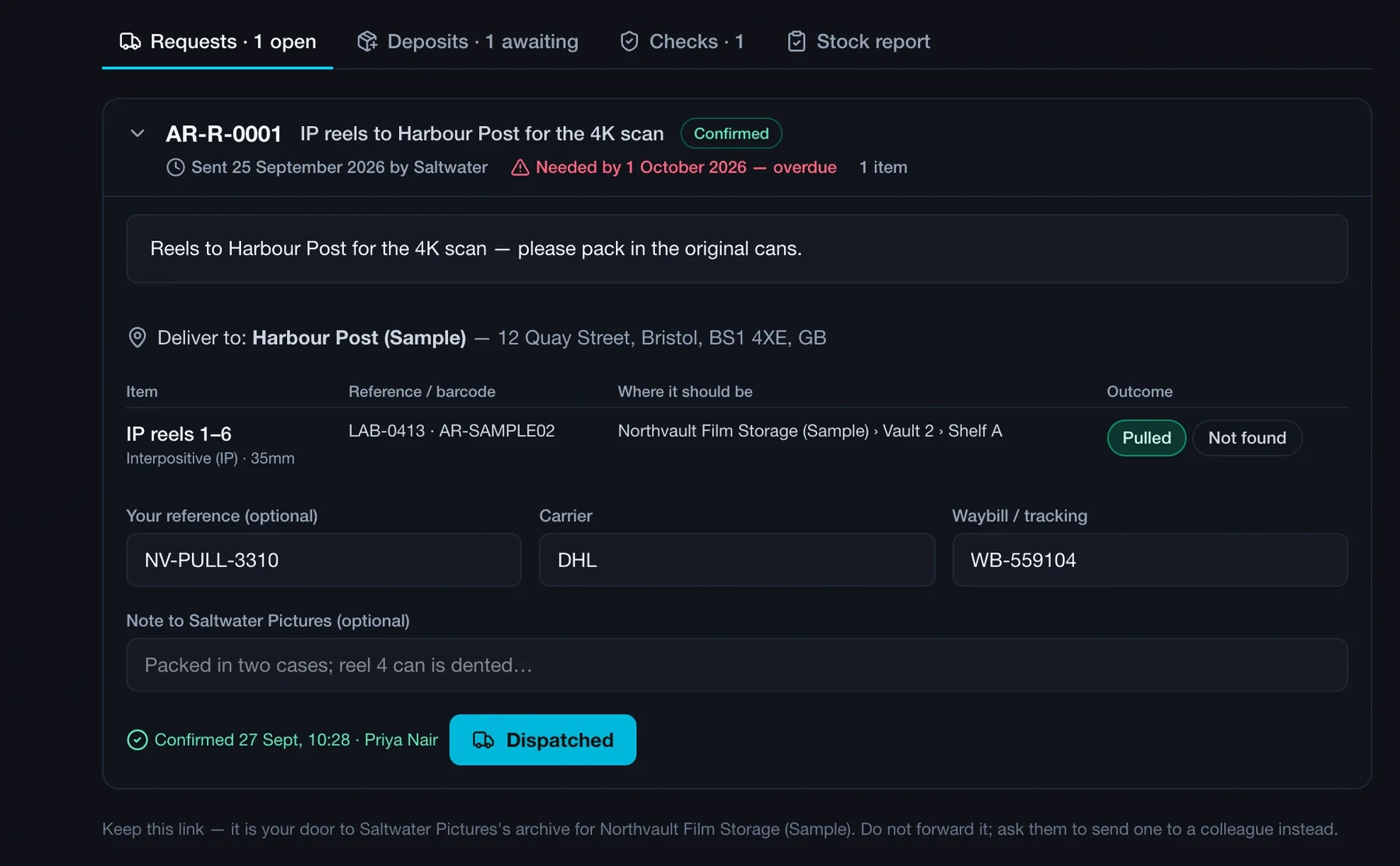 The vendor's page for a retrieval request with each item marked pulled or not found, carrier and waybill fields, a note to the studio and a Dispatched button