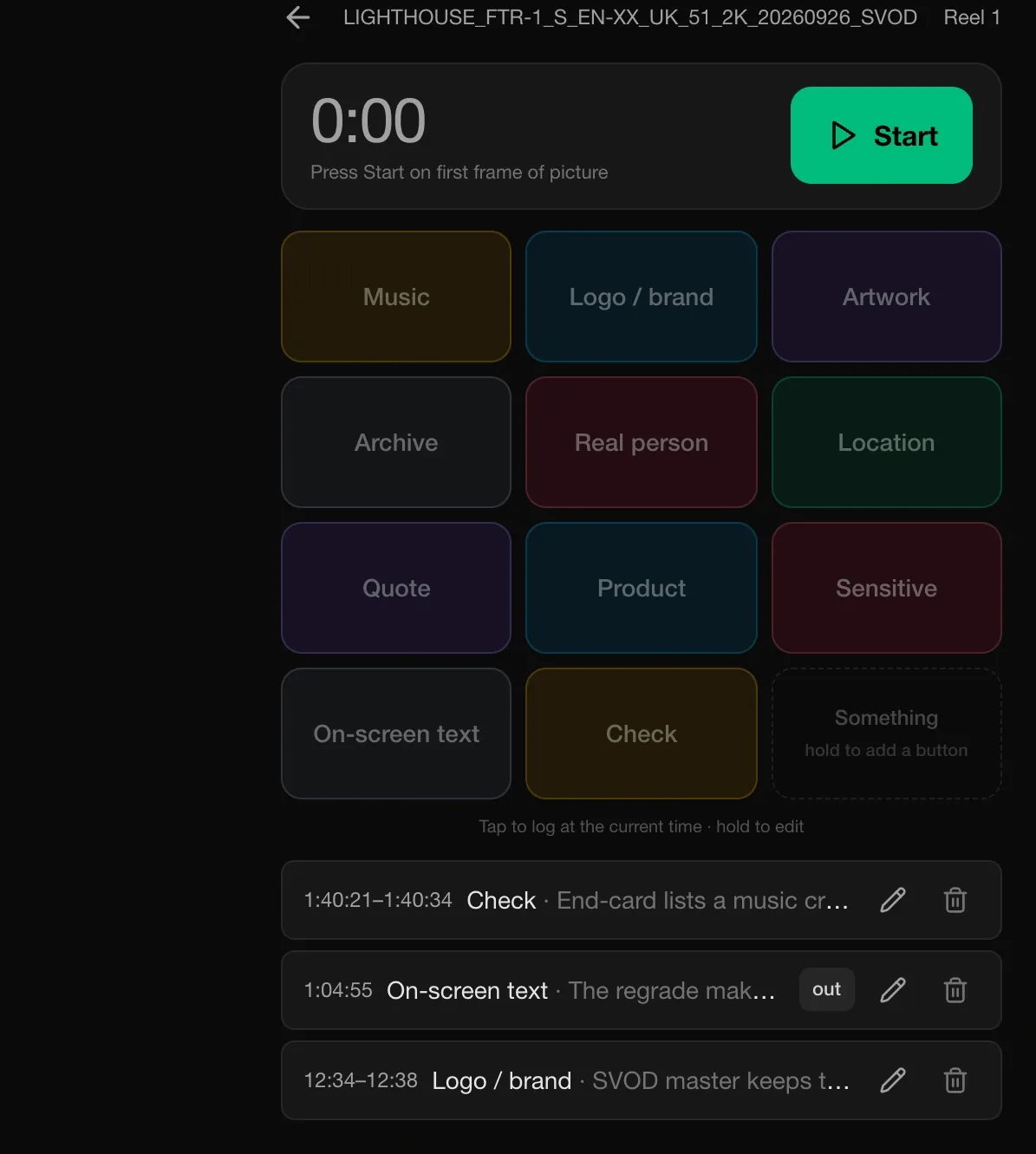 The tablet capture screen with a running clock, a grid of category buttons such as music, logo, artwork, real person and location, and the issues logged so far