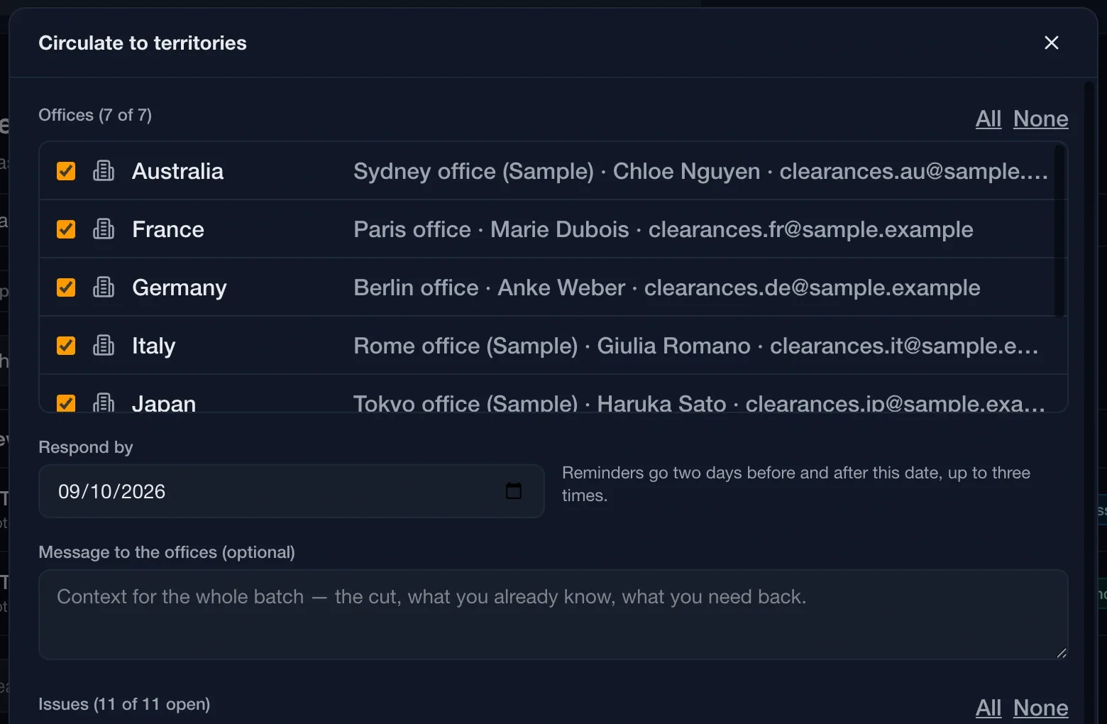 The circulate dialog with offices to select, each with its office name and contact, a respond-by date, a message to the offices and the issues to include