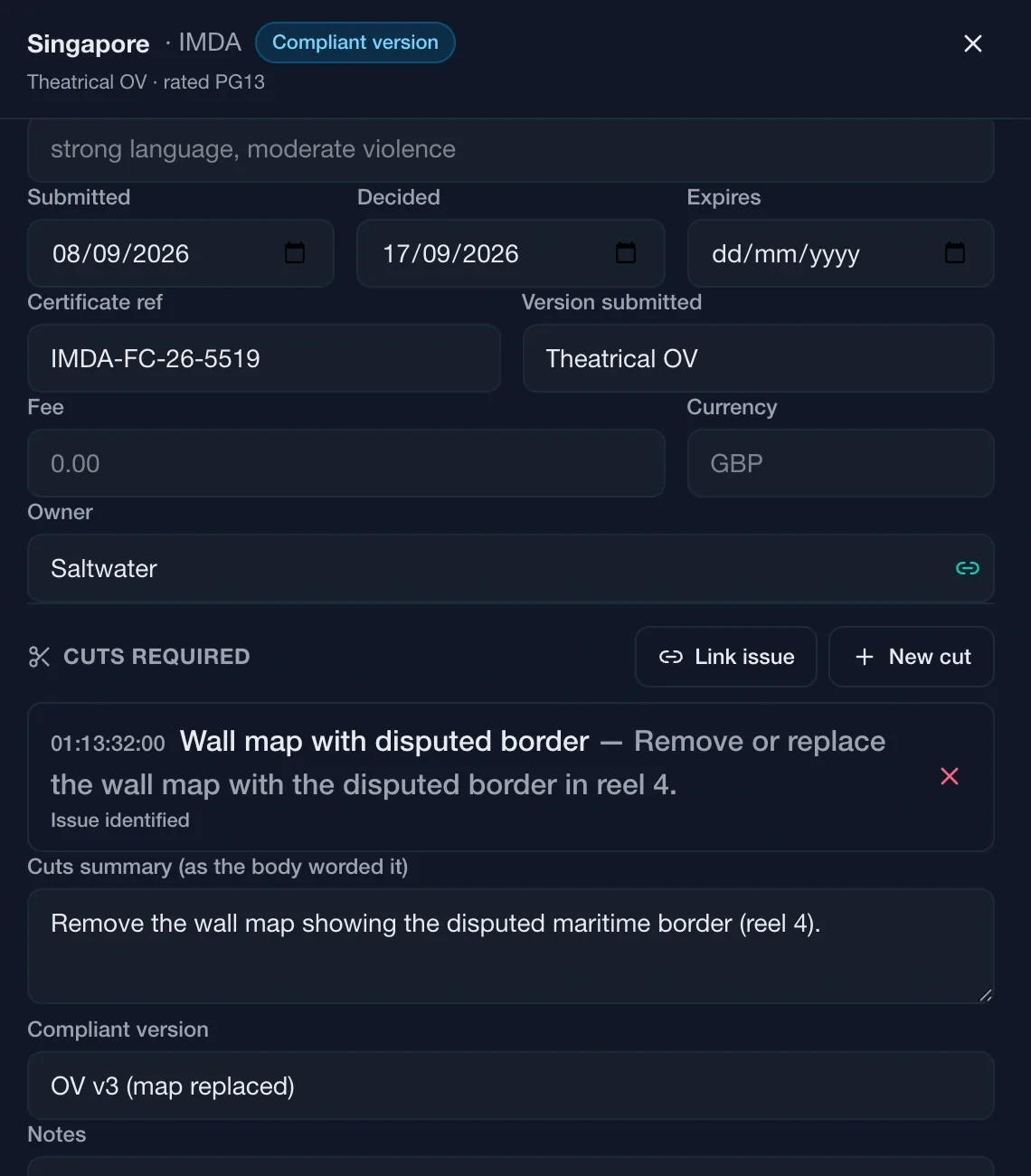 The classification drawer for Singapore showing submitted and decided dates, certificate reference, fee and currency, the cut required linked to a register issue, and the compliant version recorded