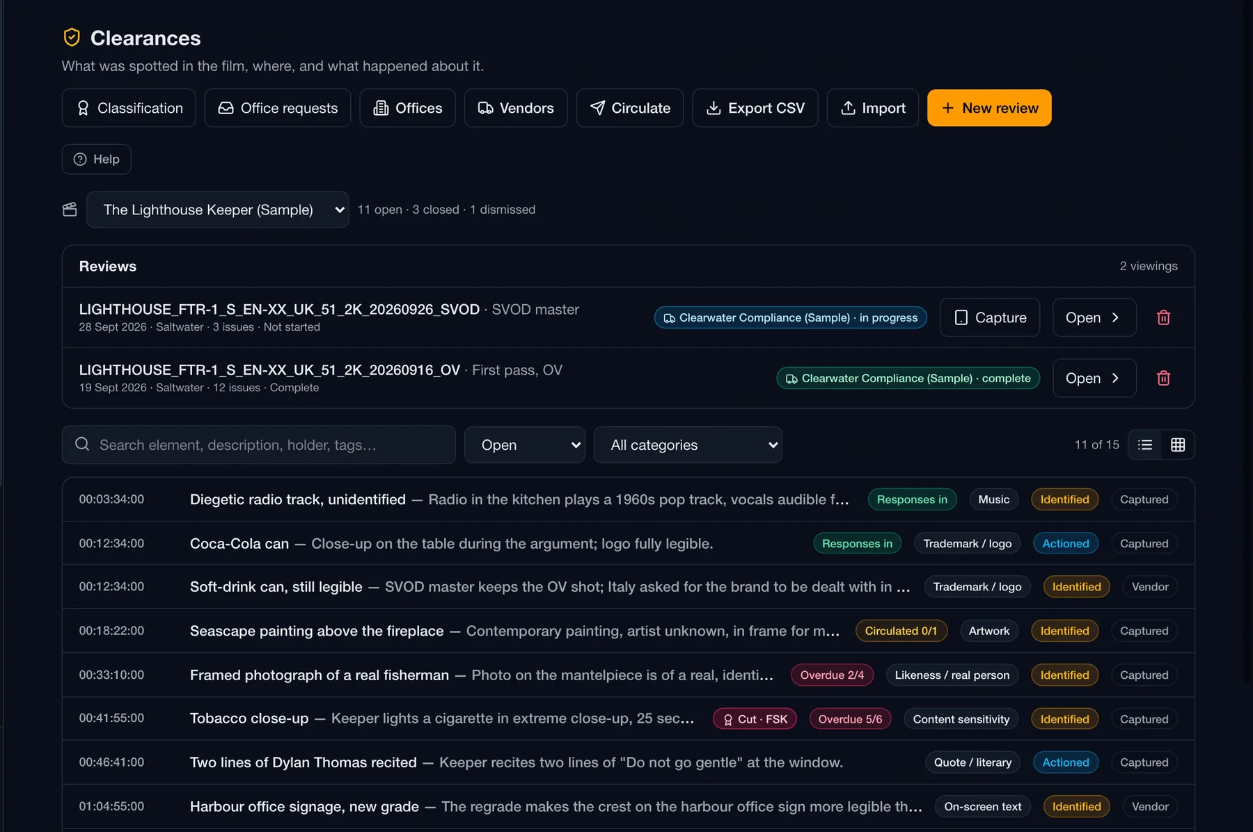 Routine clearances register listing issues by timecode with category, status and which territories have answered, above the reviews ordered from a vendor