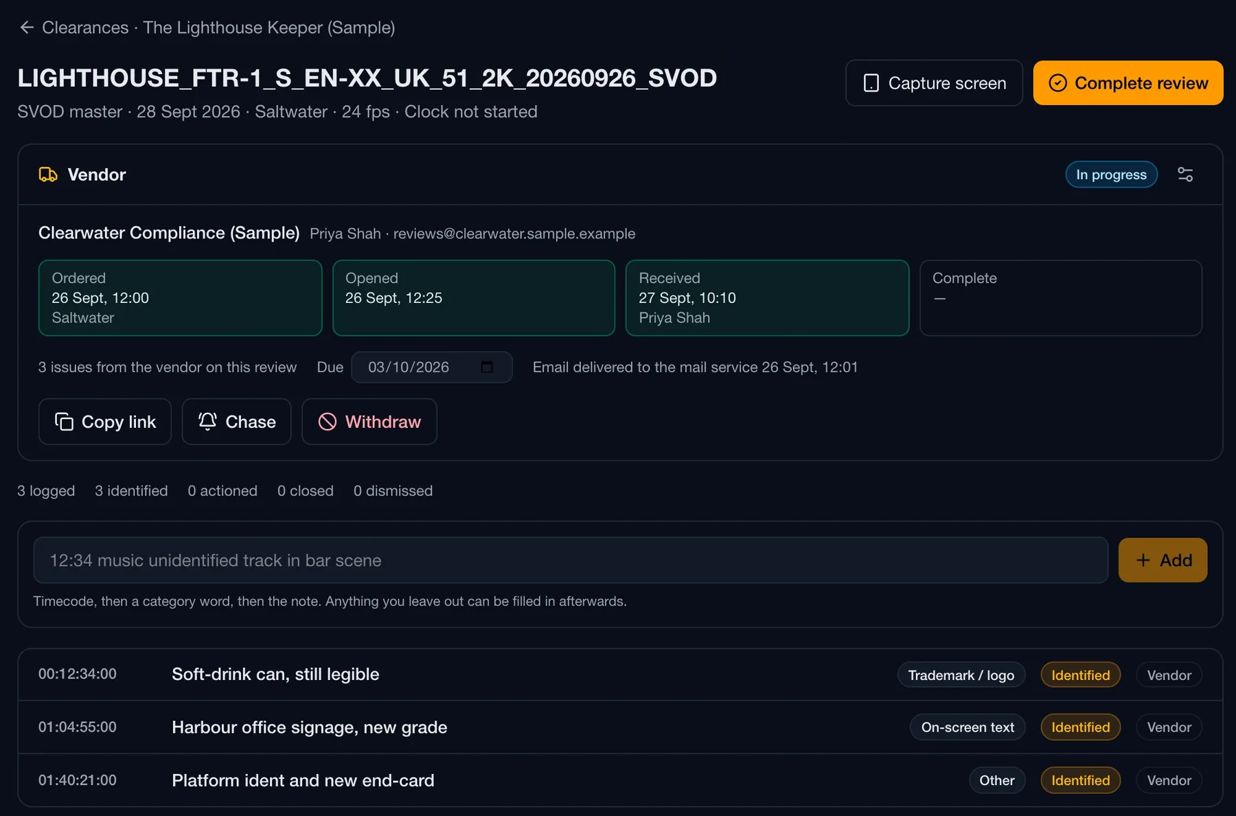 Routine clearance review page showing the vendor order with ordered, opened, received and complete timestamps, the due date, chase and withdraw controls and the issues the vendor logged
