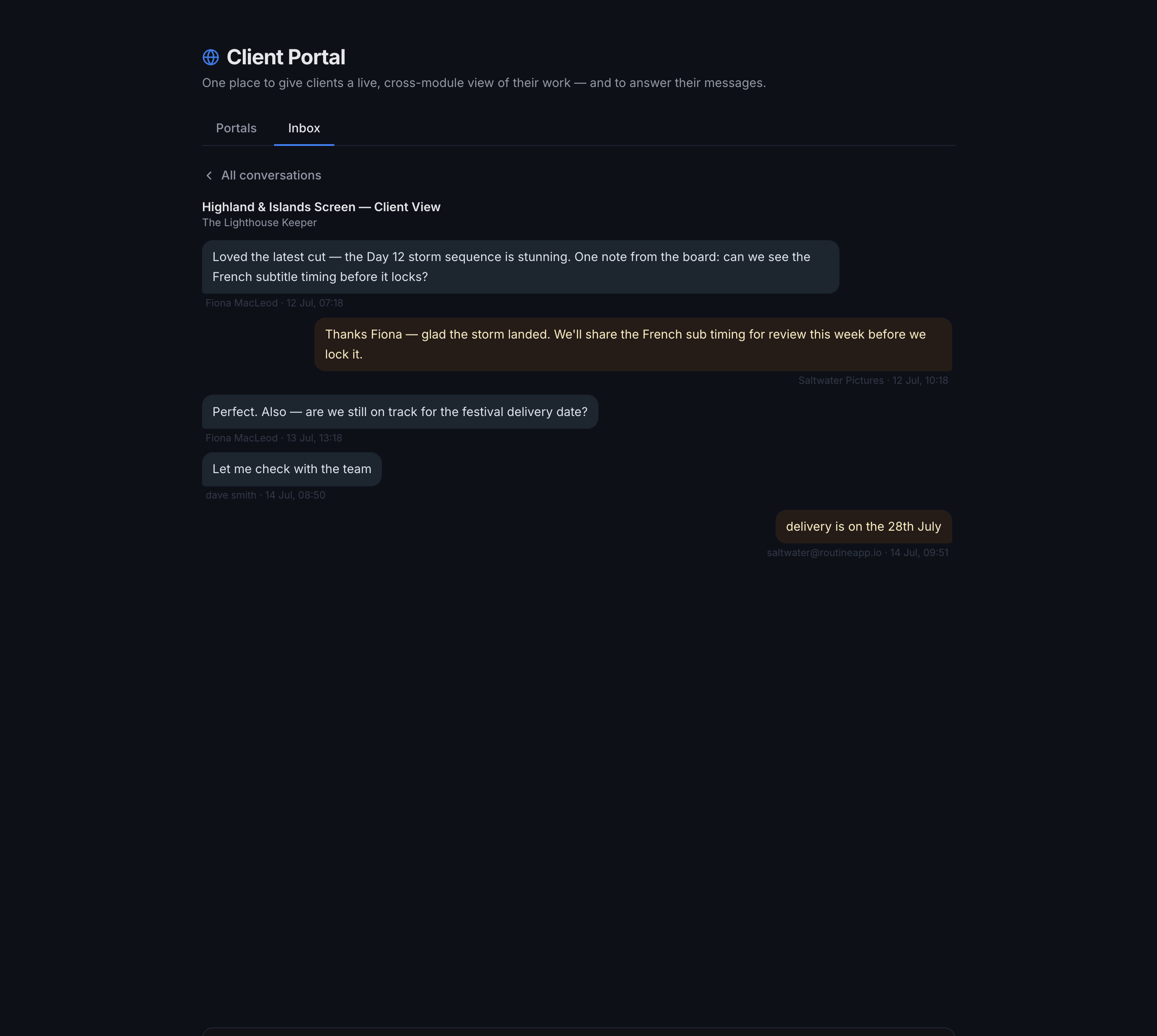 Routine client portal inbox showing a two-way conversation between a client and the production team with names and timestamps