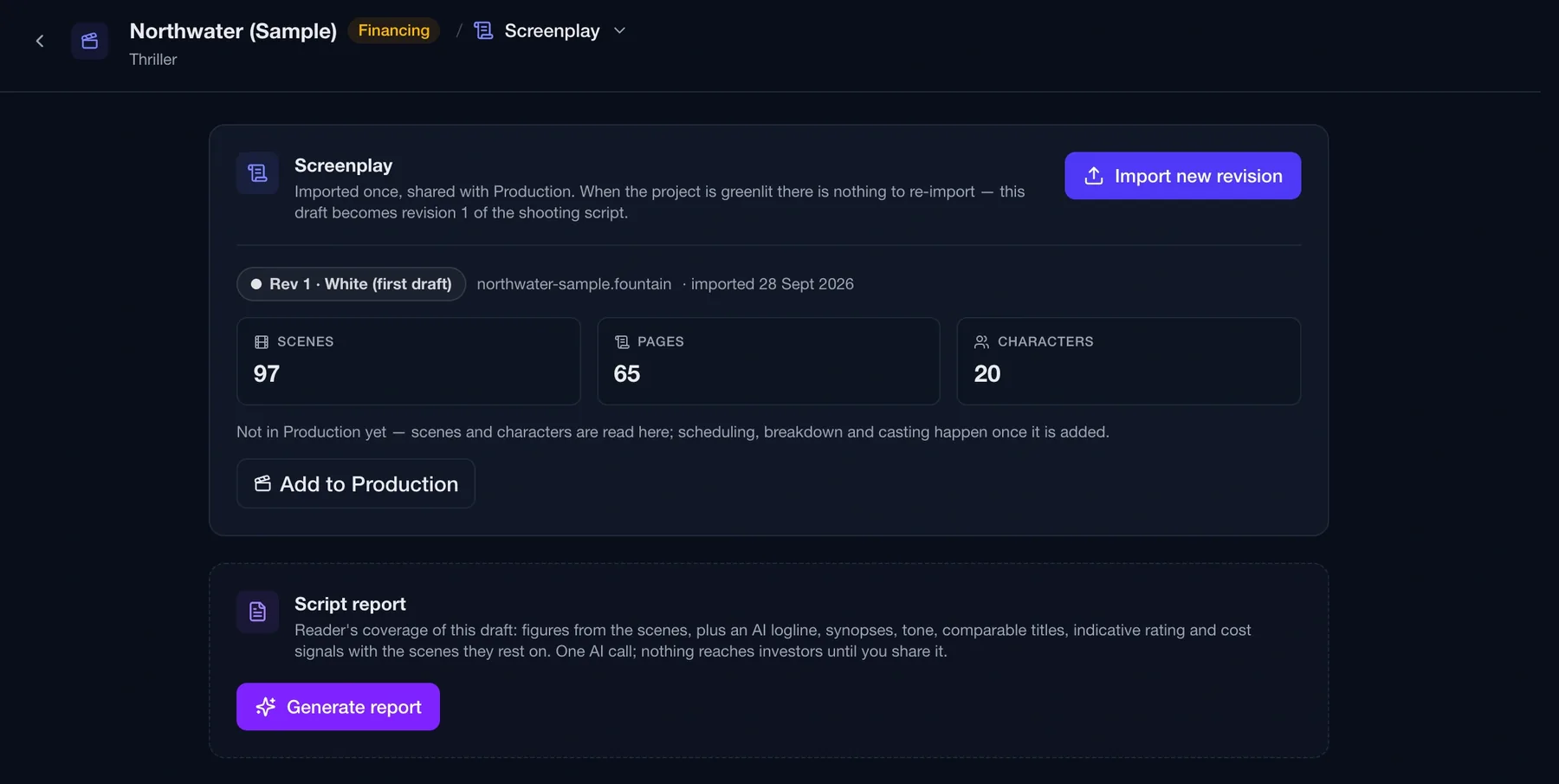 Routine development screenplay panel showing an imported revision with scene, page and character counts and the option to generate a script report