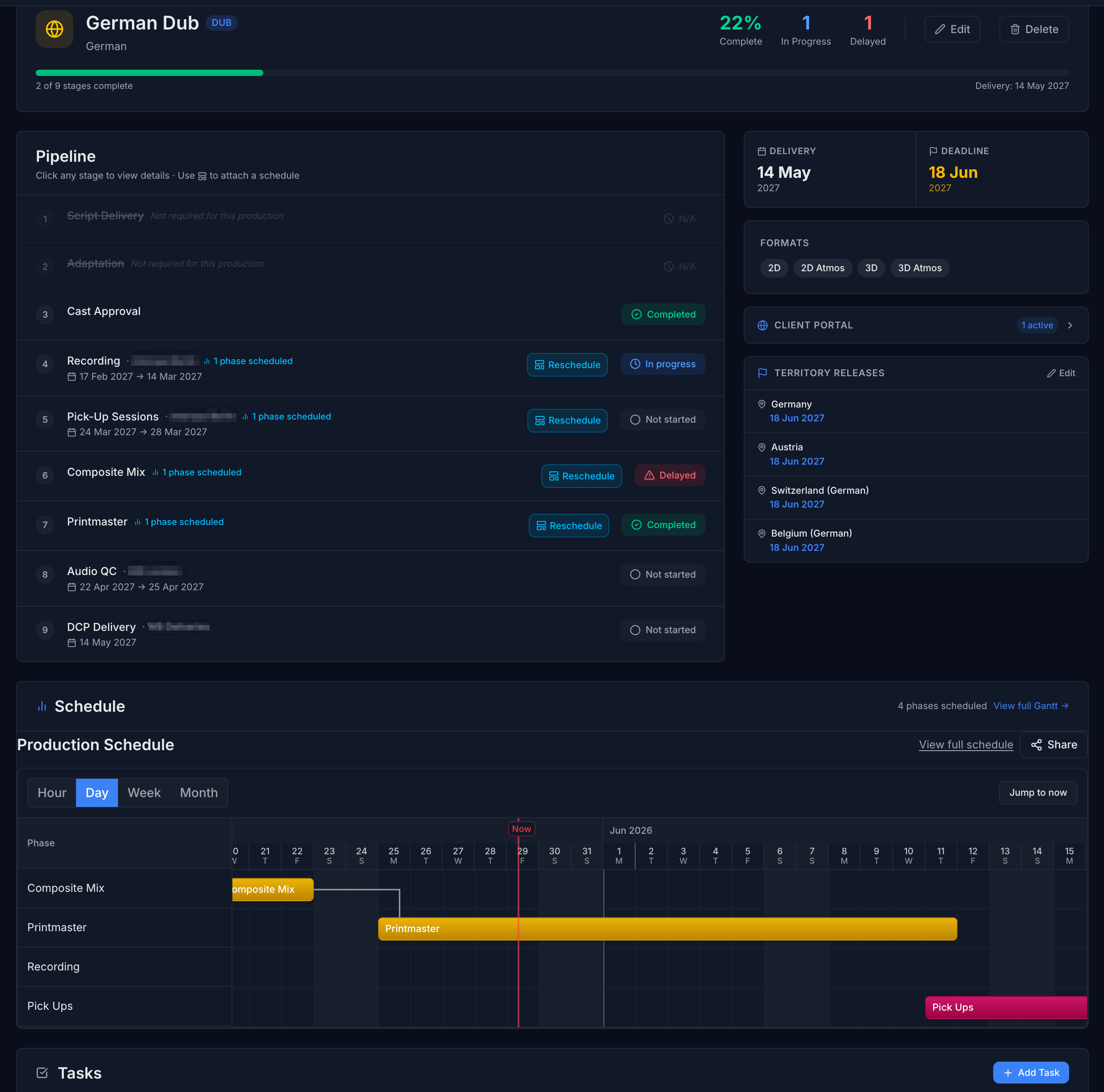 Routine distribution version detail showing the German Dub pipeline stages, schedule, and tasks