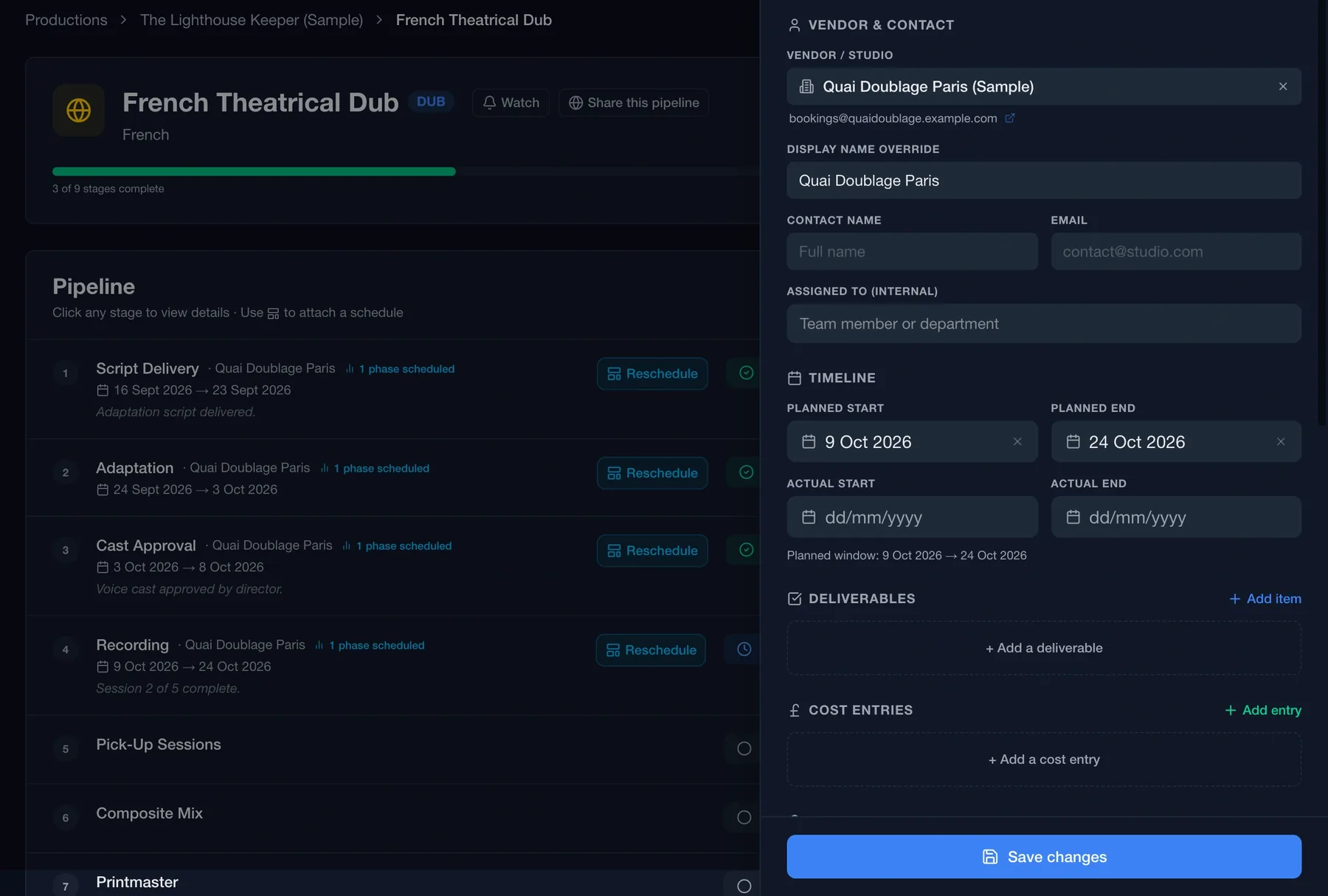 Routine distribution stage drawer open over the version page showing vendor and contact, assigned-to, planned and actual timeline, deliverables and cost entries with a save button
