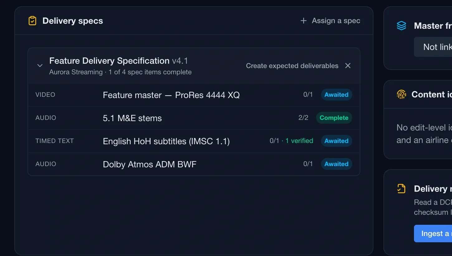 Routine version page panel showing an assigned delivery specification with each required item counted received against required and marked awaited, complete or verified, beside content identifiers and a delivery manifest ingest