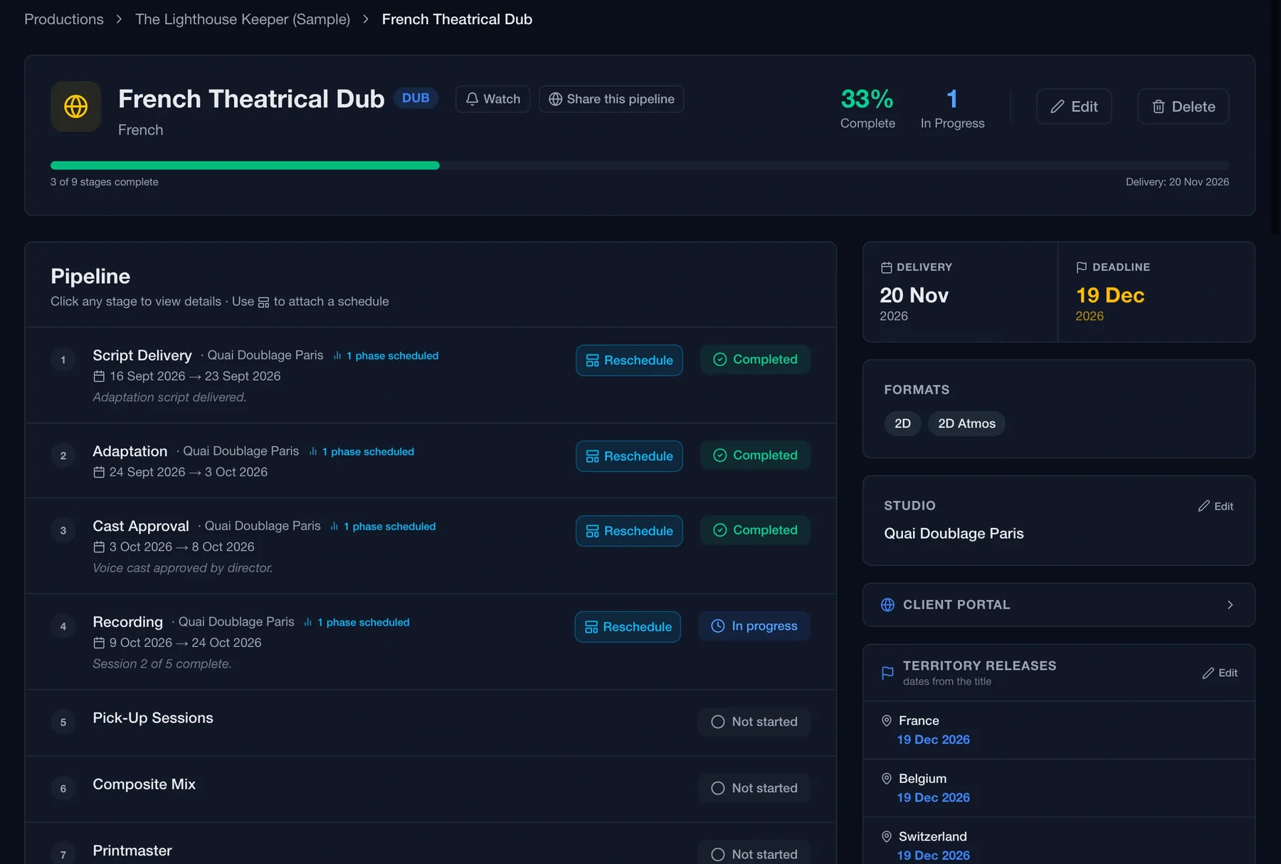 Routine distribution version page showing the pipeline stage by stage with vendor, dates and status, delivery and deadline dates, formats and territory releases