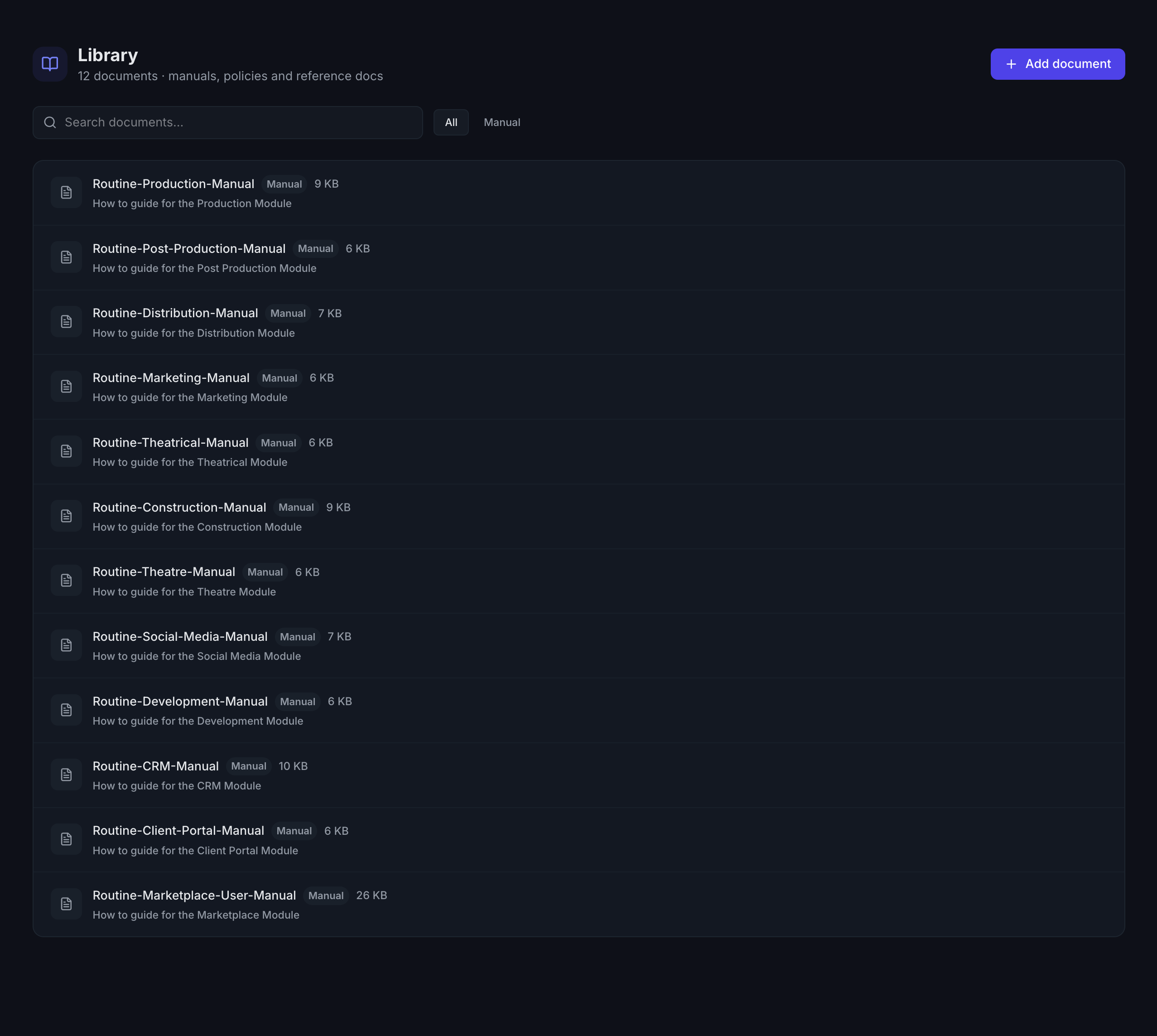 Routine Library showing searchable module manuals, policies, and reference documents with an add document button