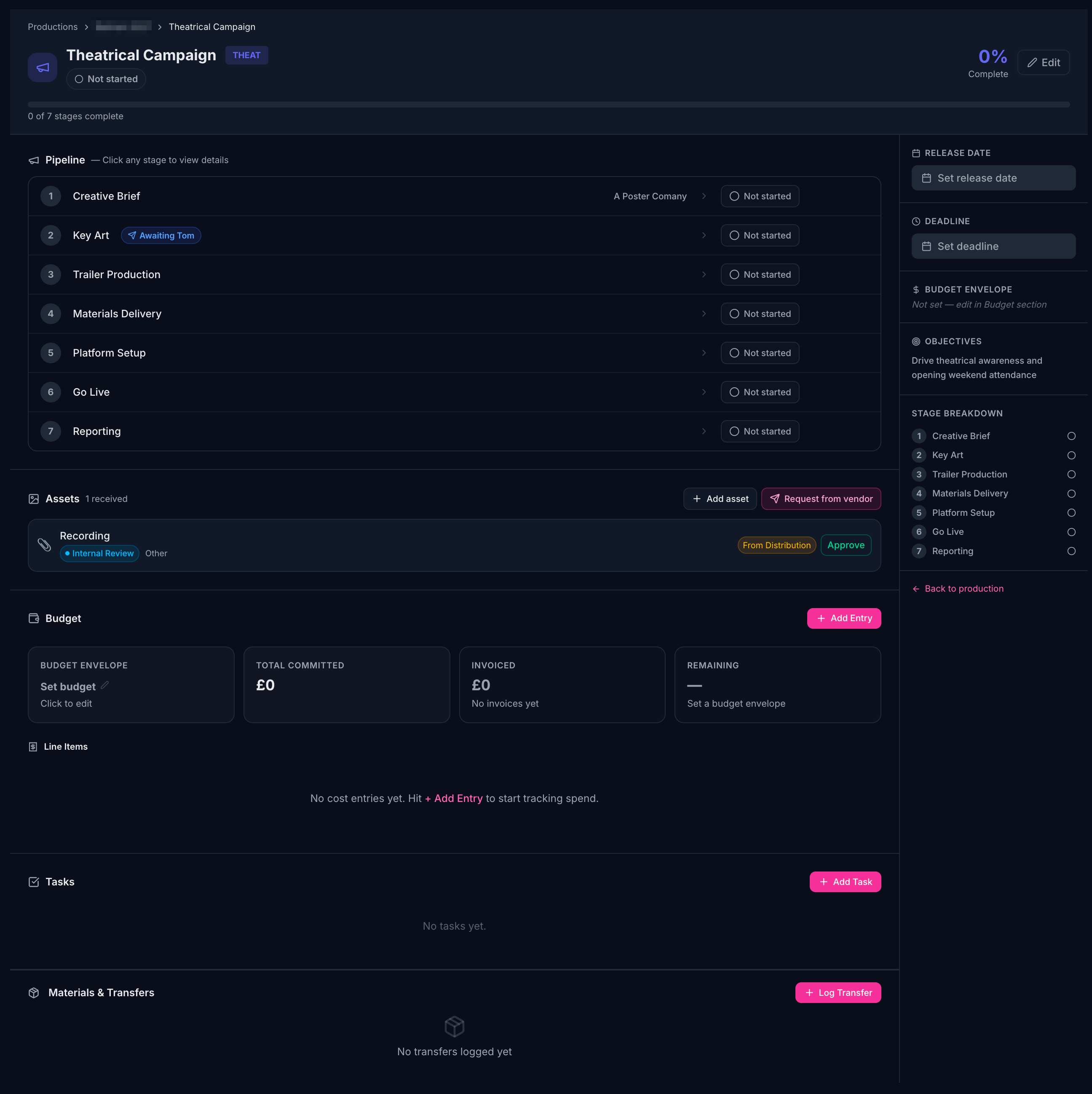 Routine marketing campaign detail showing budget, status, and assets for a theatrical campaign