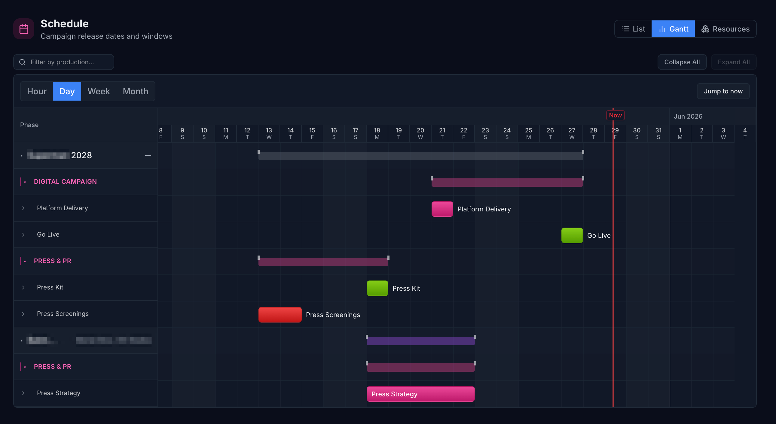 Routine marketing schedule showing all campaign phases on a timeline day view
