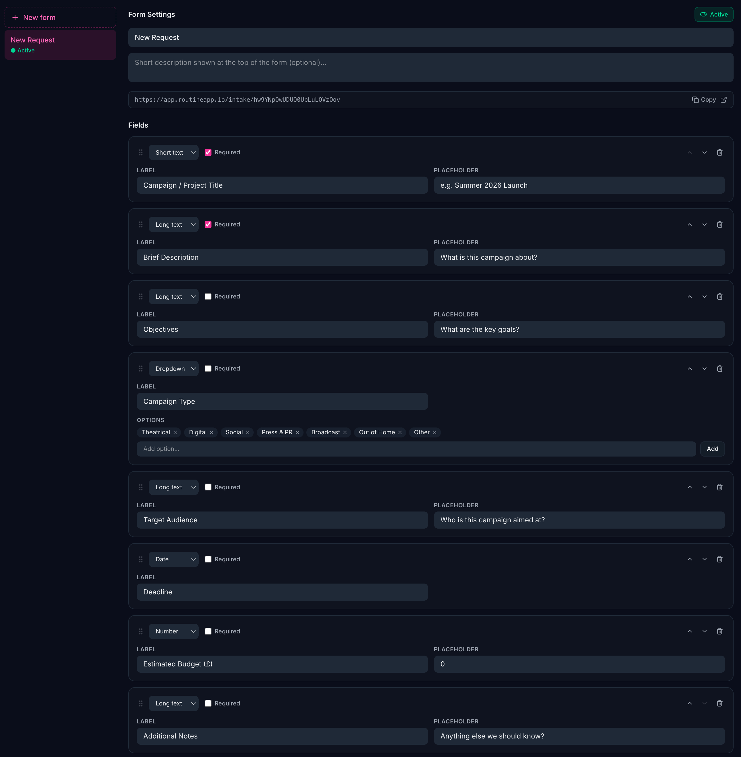 Routine marketing form creation and management screen for gathering campaign requirements