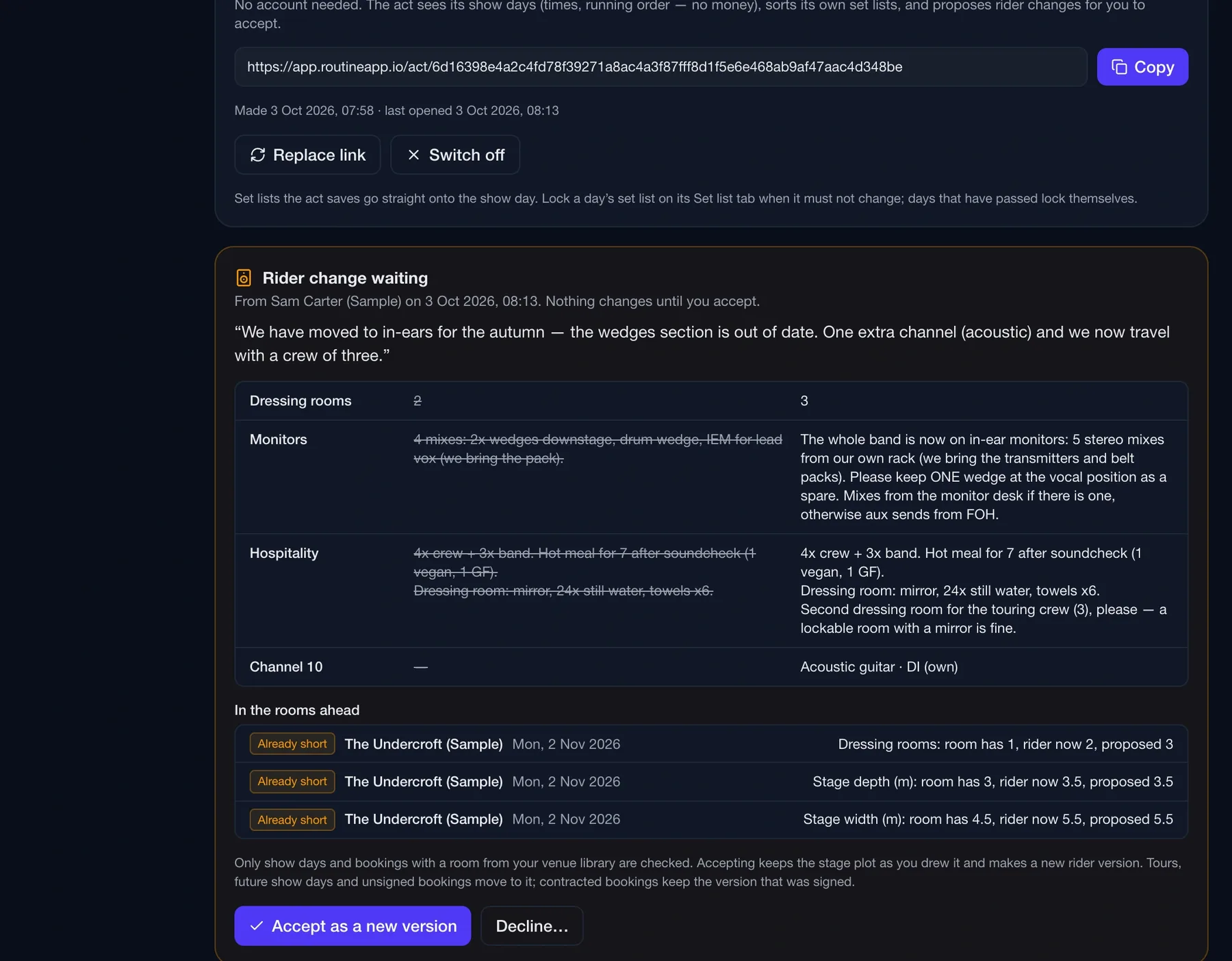 Routine act link panel on the artist page showing a pending rider change as a line-by-line diff with a room-fit check for upcoming bookings and accept or decline actions