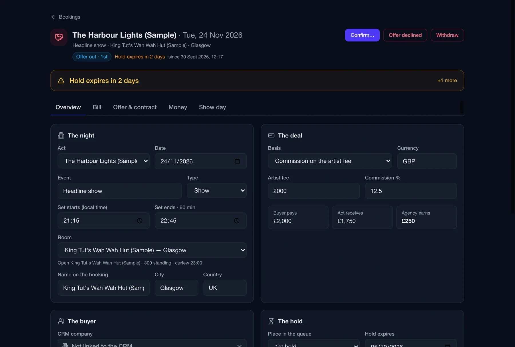 Routine booking page showing the night, the room, the deal basis, artist fee and commission, and buyer pays, act receives and agency earns