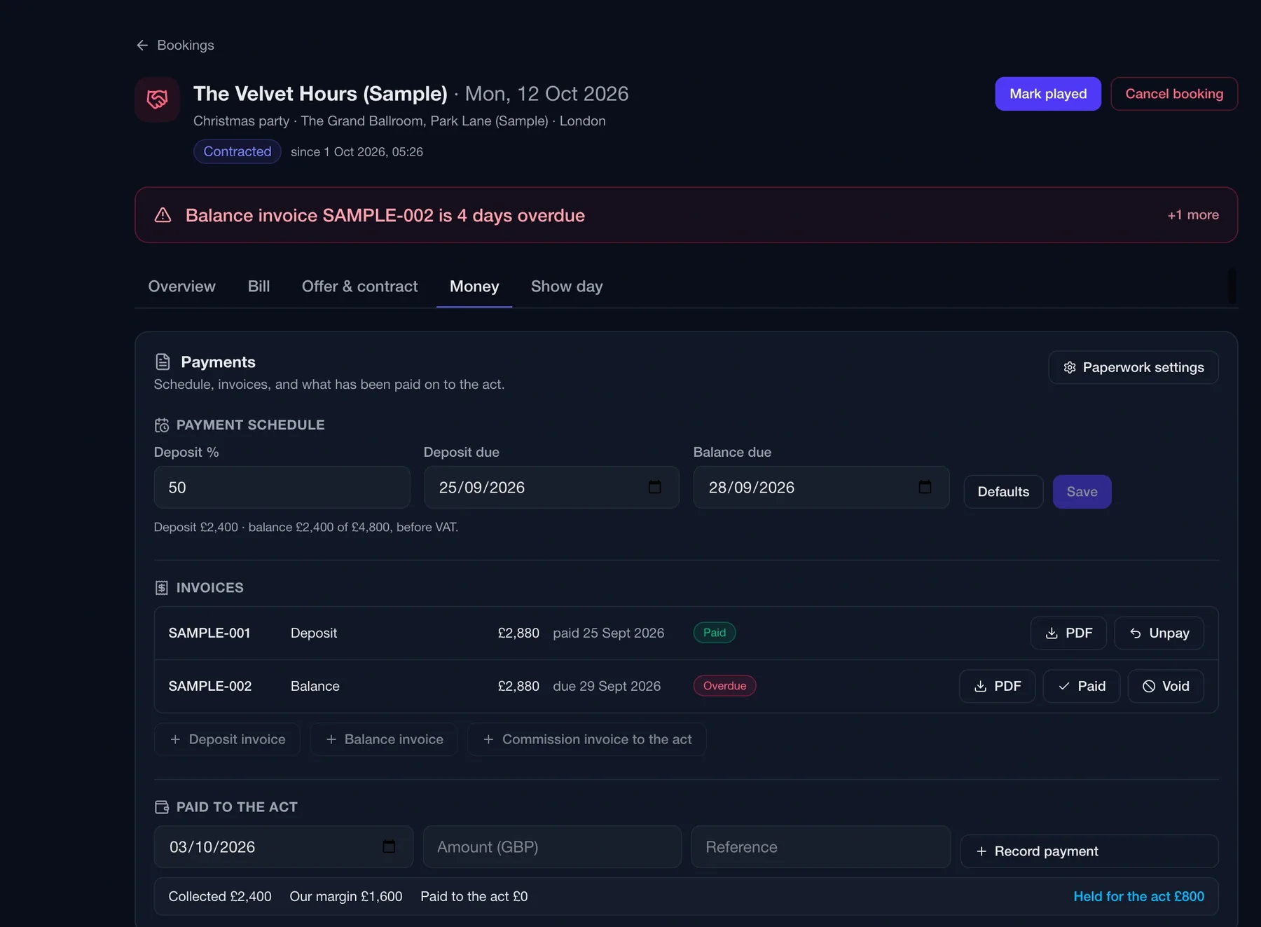 Routine booking money tab with a payment schedule, deposit and balance invoices marked paid or overdue, and a paid-to-the-act section with collected, margin and held-for-the-act figures
