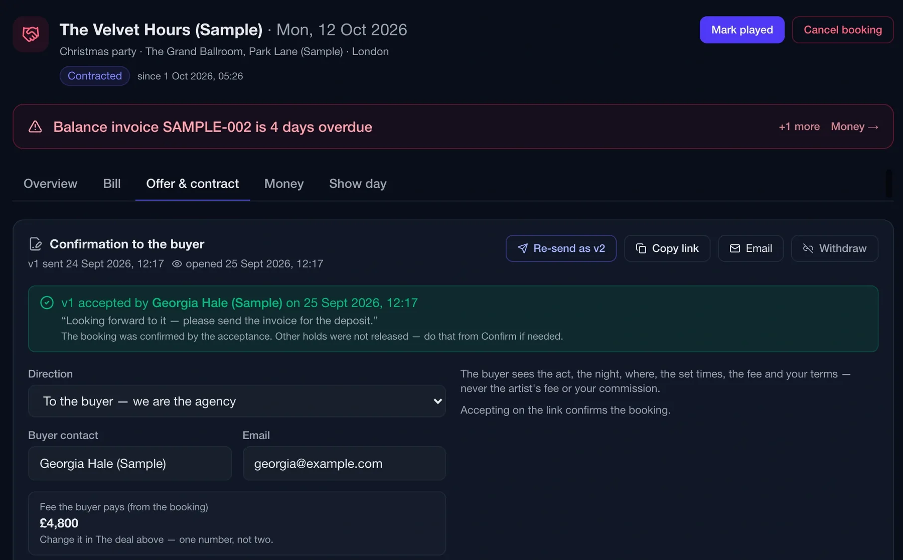 Routine confirmation to the buyer showing version one accepted by the buyer with their note, the buyer contact and the fee the buyer pays