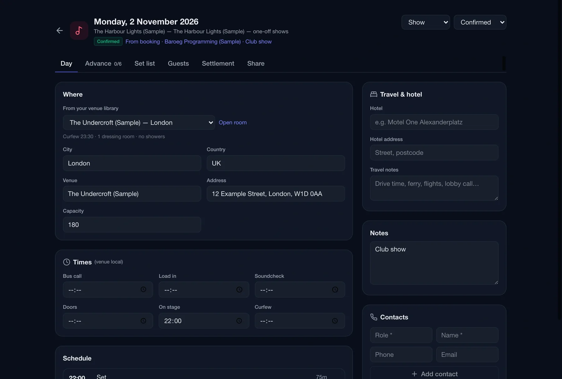 Routine show day page with Day, Advance, Set list, Guests, Settlement and Share tabs, venue and travel details and the local times for load-in, soundcheck, doors and on stage