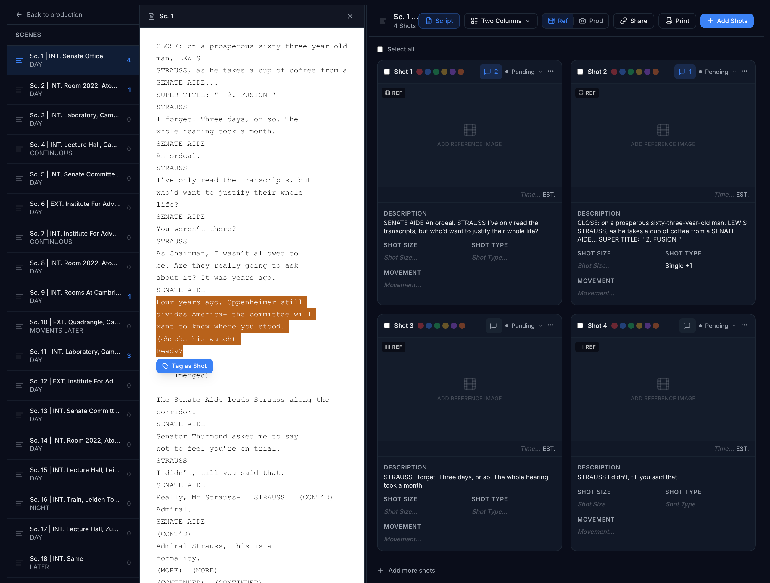 Routine shot list showing how to highlight text to create shots, with reference and production views