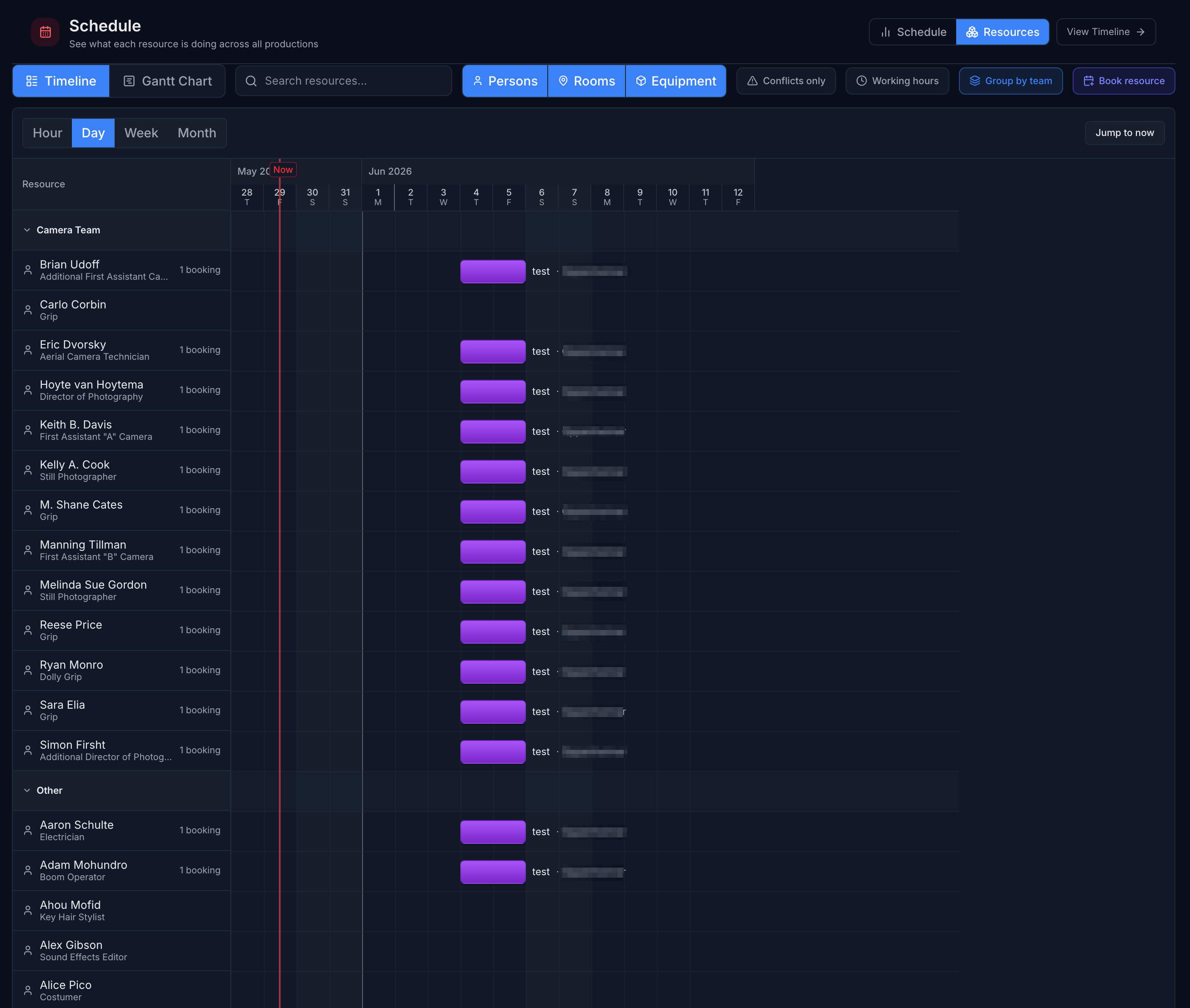 Routine production schedule showing all cast and crew on a timeline view across all shoot days