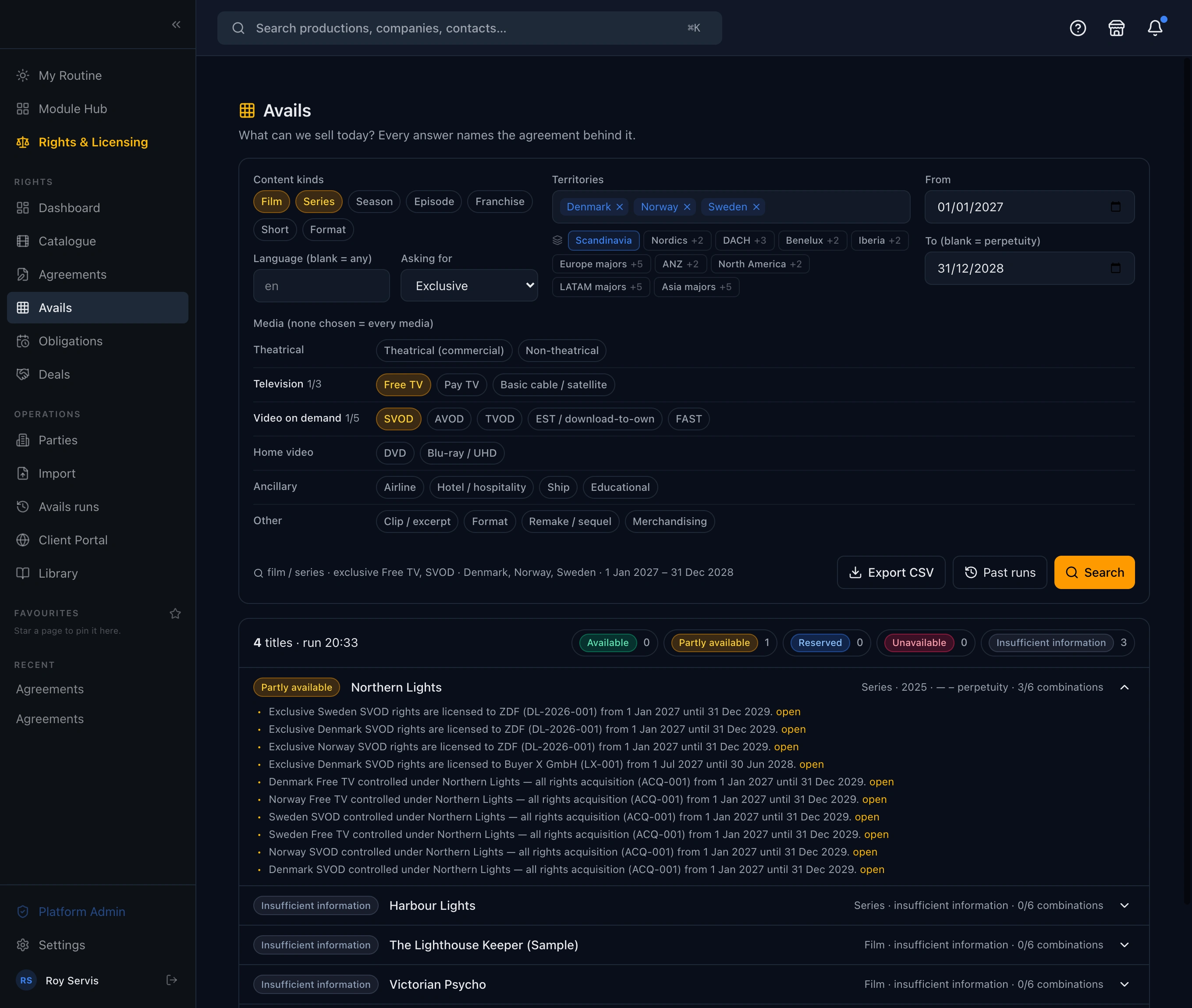 Routine avails search with territories, media and window selected, and results per title naming the agreements behind each answer