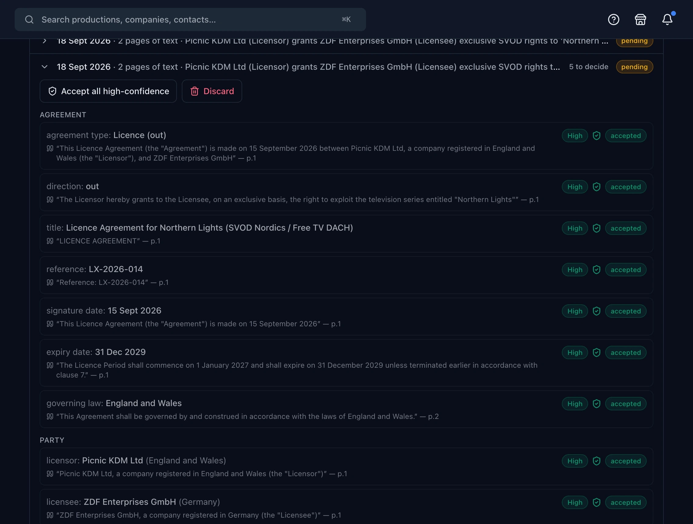 Routine contract extraction review panel listing proposed agreement fields and parties, each with the quoted clause, page number, confidence and an accept decision