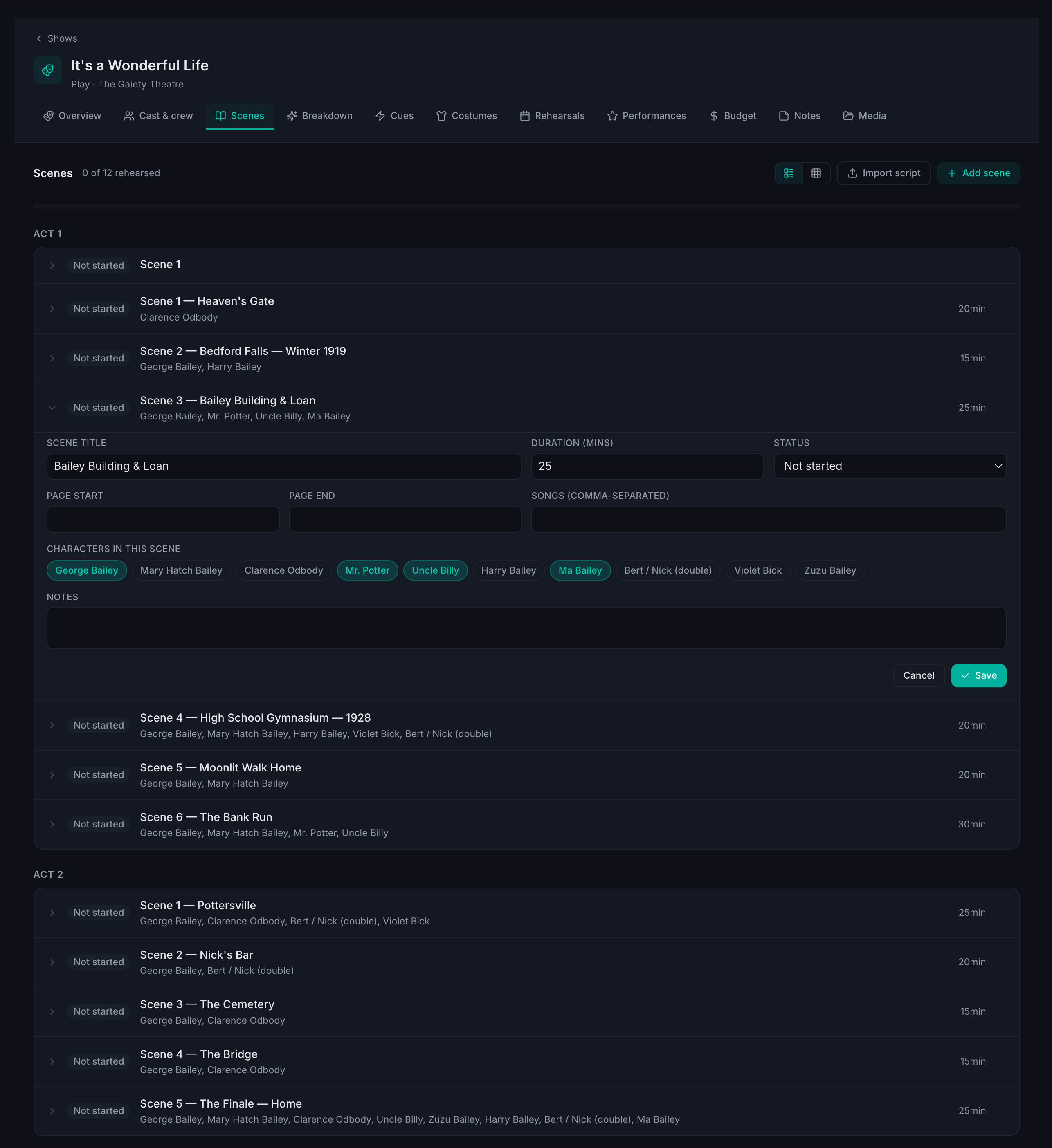 Routine theatre scenes list