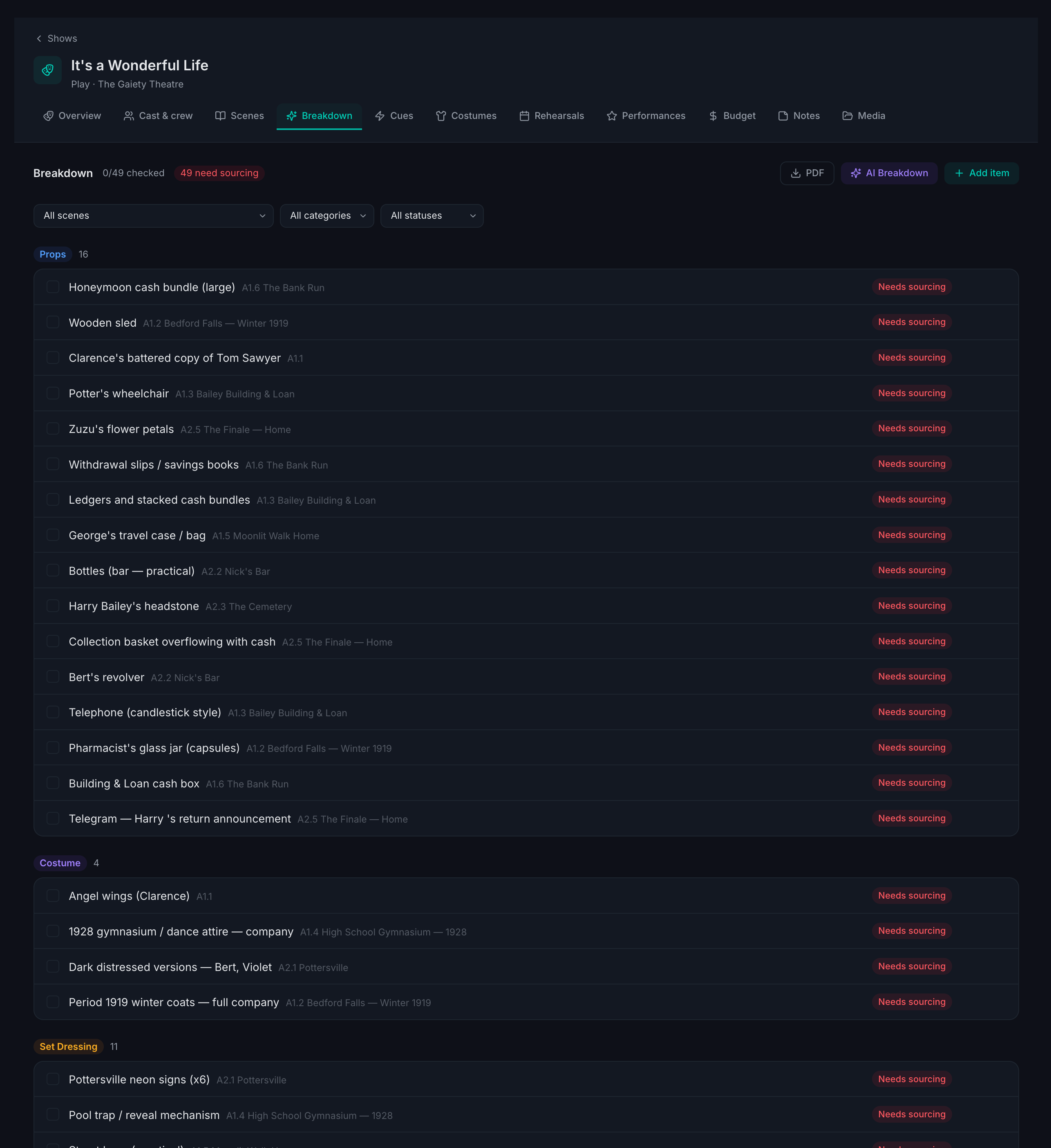 Routine theatre breakdown showing props, costume, and set dressing items per scene each flagged as needs sourcing, with an AI Breakdown button