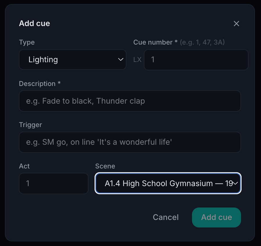 Routine theatre add cue modal with type (lighting), cue number, description, trigger, act, and scene
