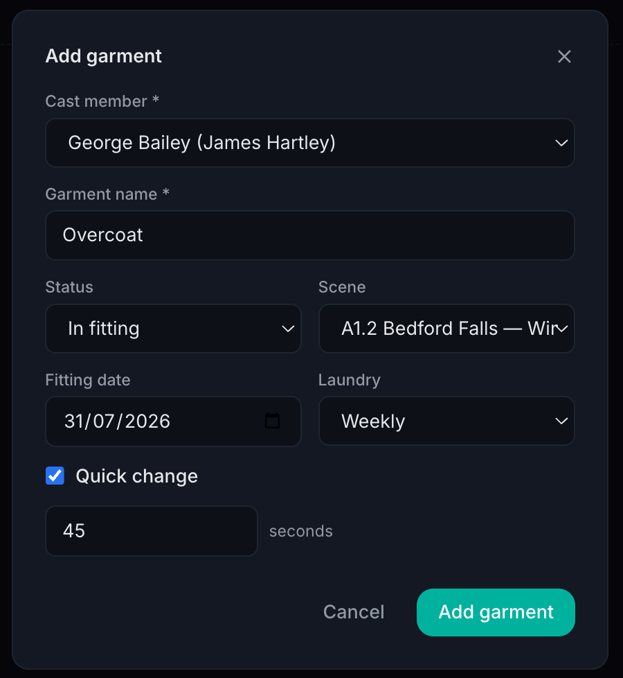 Routine theatre add garment modal with cast member, garment name, status, scene, fitting date, laundry schedule, and quick change timing