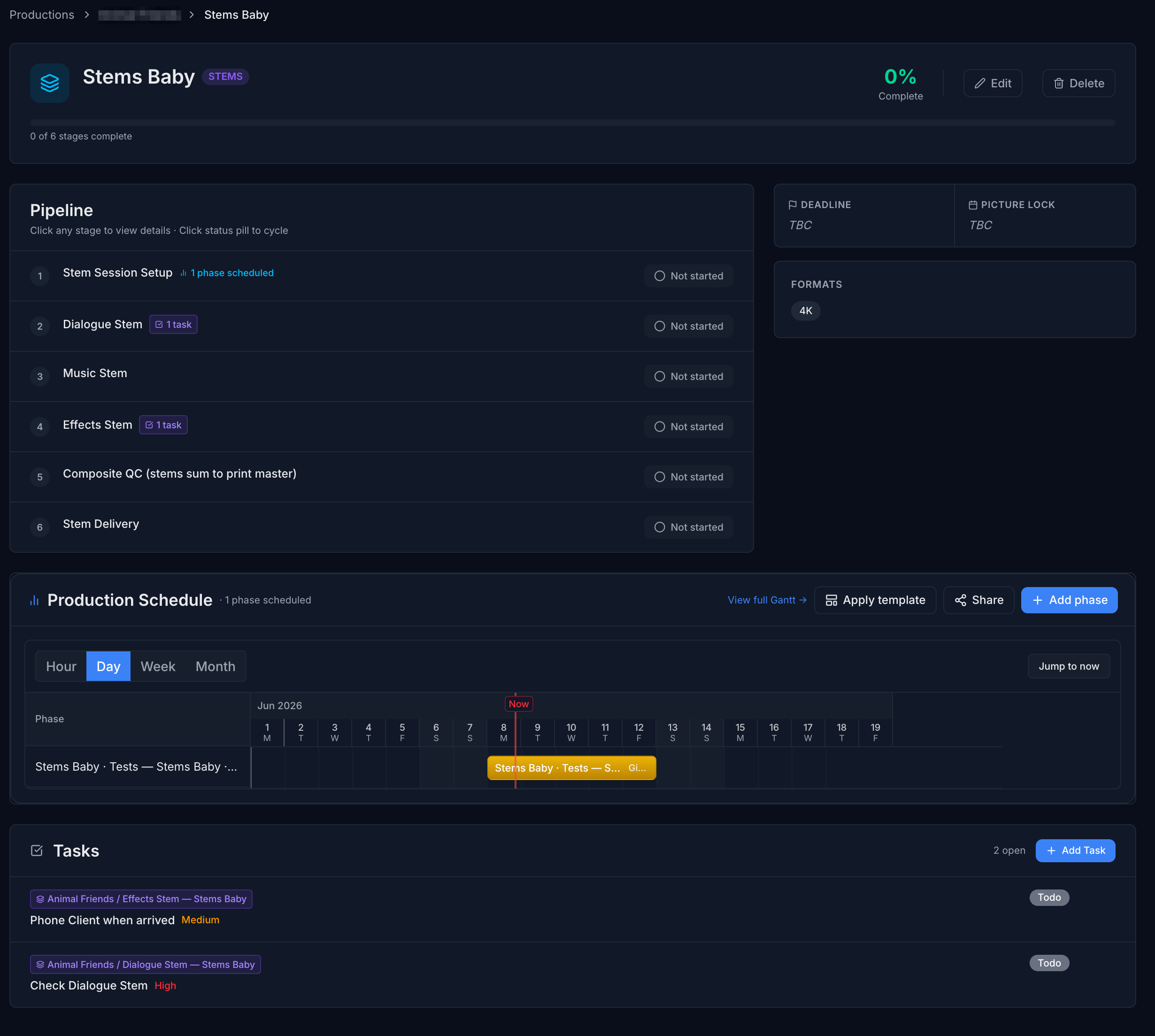 Routine post-production version detail showing Stems Baby with 6 pipeline stages, production schedule, format tags, and open tasks
